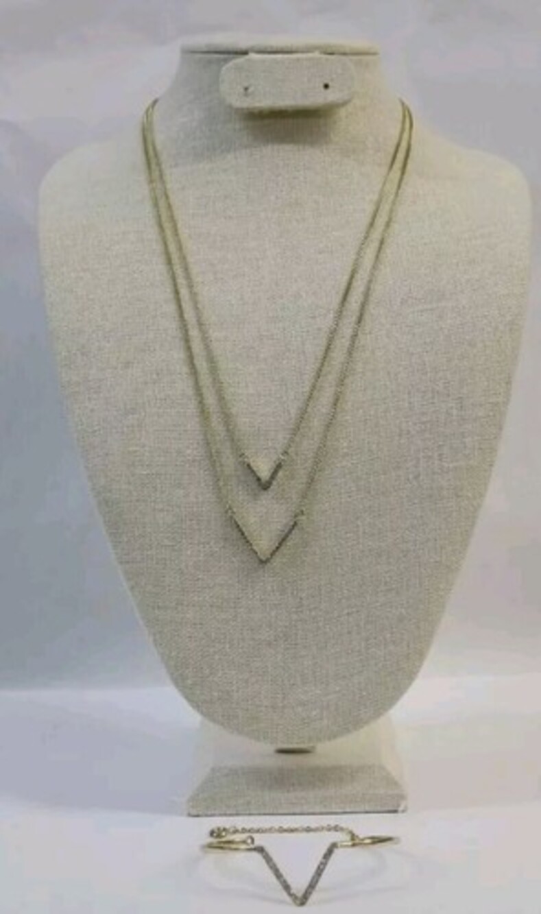 Victorias Secret Necklace Rhinestone V Pendant & Matching Bracelet Set Gold Tone